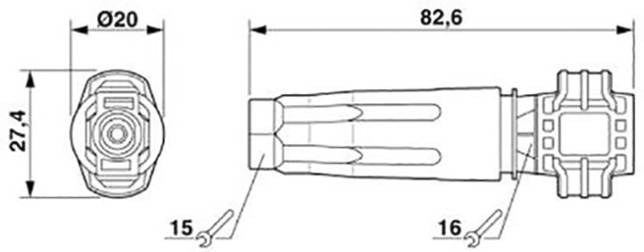 Technische Zeichnung eines Steckverbinders mit Maßen: Länge 82,6 mm, Breite 27,4 mm, Durchmesser 20 mm. Komponenten 15 und 16 markiert.