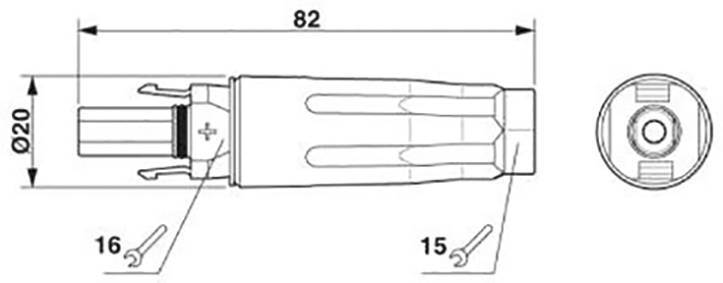 Technische Zeichnung eines zylindrischen Bauteils mit Maßen: Länge 82 mm, Durchmesser 20 mm. Schraubenschlüsselgröße 16 und 15.