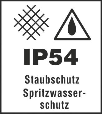 'IP54'-Kennzeichnung mit Symbolen für Staubschutz und Spritzwasserschutz.