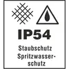'IP54'-Kennzeichnung mit Symbolen für Staubschutz und Spritzwasserschutz.