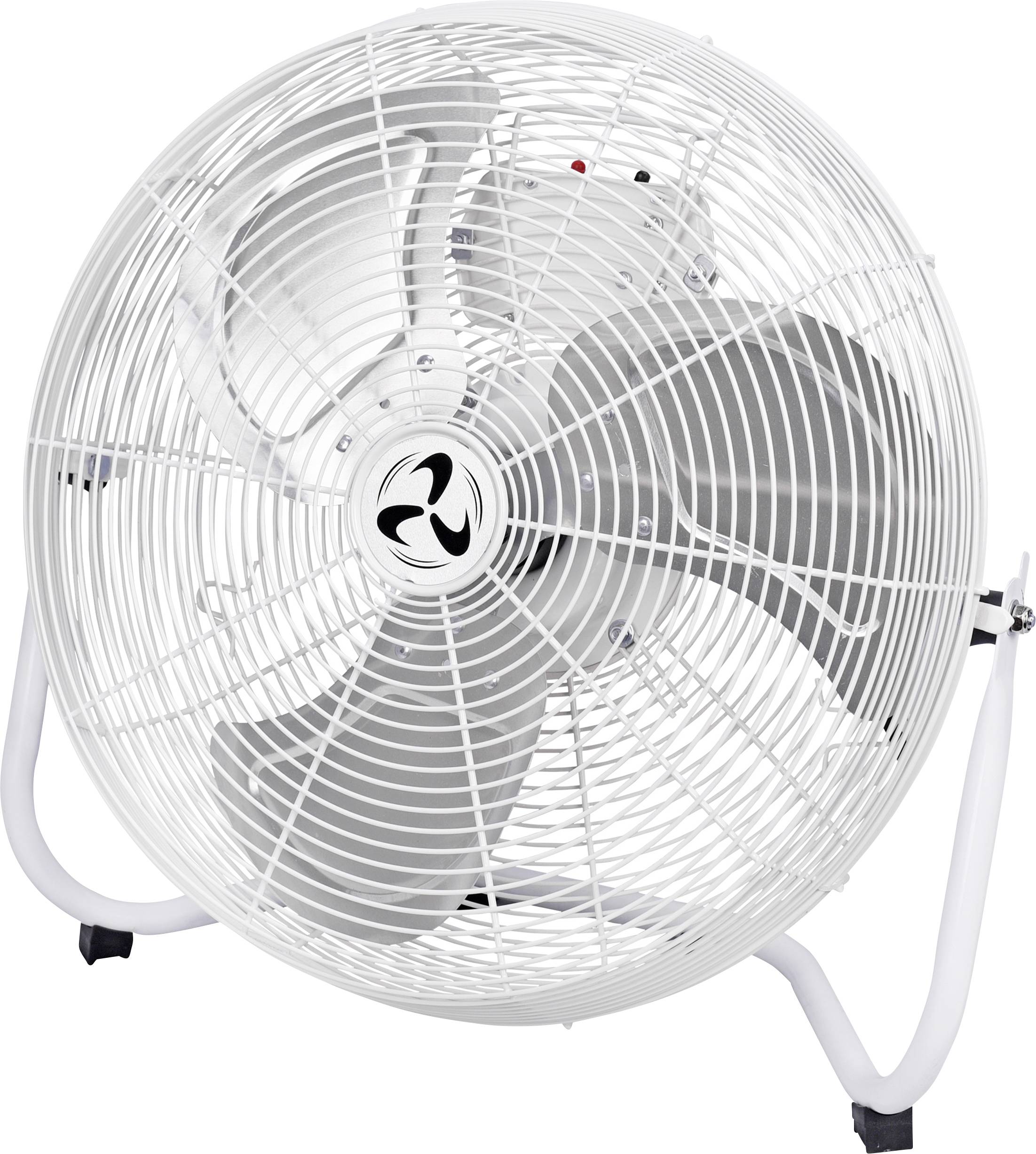 Ein weißer Standventilator mit Gitterabdeckung, zeigt drei breite Flügel. Der Ventilator ist auf einem stabilen Ständer montiert.
