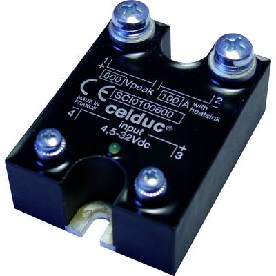 Ein schwarzes, rechteckiges Solid-State-Relais mit vier Anschlusspunkten, Beschriftung 'celduc' und elektrischen Spezifikationen.