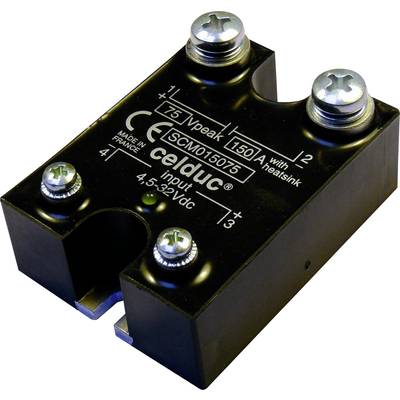 Ein schwarzes, rechteckiges elektronisches Bauteil mit vier Befestigungsschrauben und Beschriftungen, darunter 'celduc' und technische Spezifikationen.