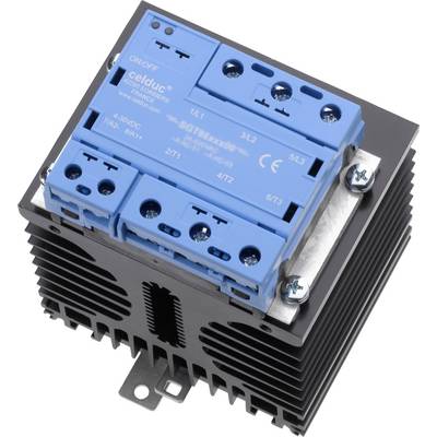 Blauer elektrischer Schalter auf schwarzem Kühlkörper, mit mehreren Anschlüssen und weißen Aufdrucken; industrielle Anwendung.