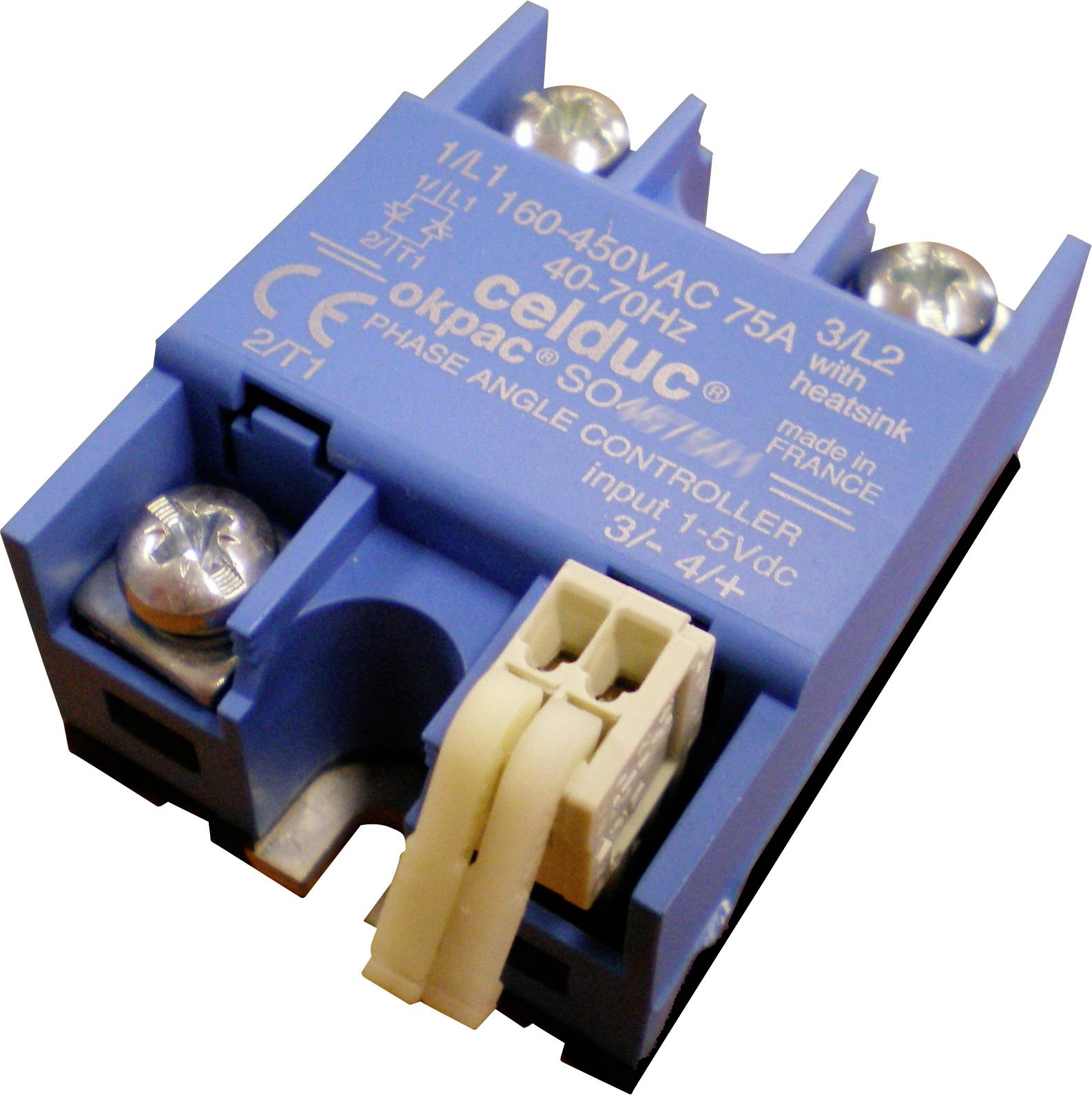 'Blauer Celduc-Relais für 40-70 Hz, 75A, 160-450VAC. Hergestellt in Frankreich. Modellnummer: 1L1/3L2. Für Phasenwinkelsteuerung.'