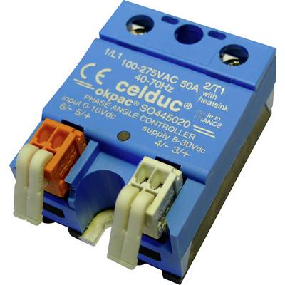Ein blauer Phasenwinkelregler von celduc mit der Aufschrift '1/1 100-275VAC 50A'. Anschlüsse und Aufdrucke zur Spannungsregelung sichtbar.