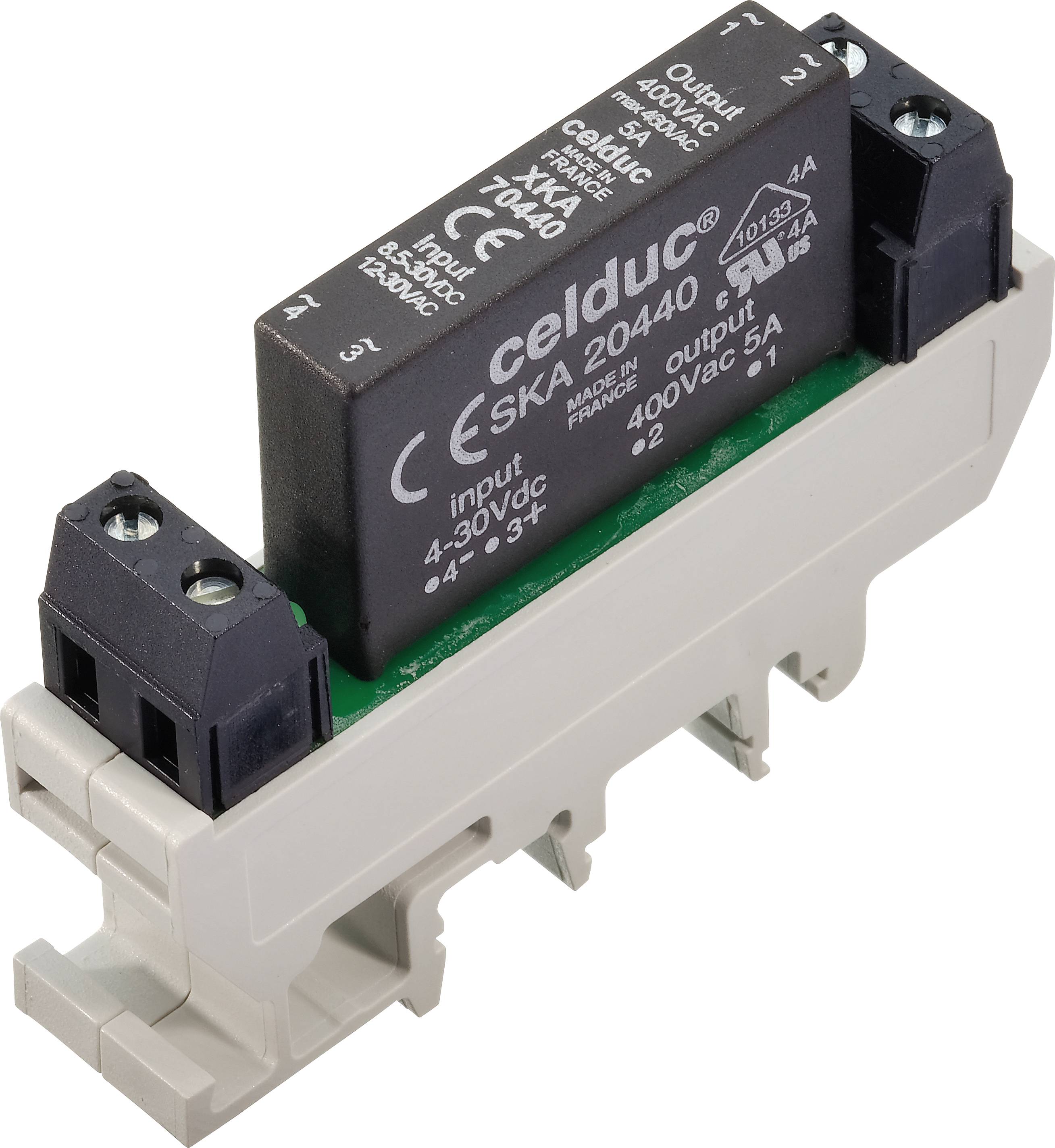 Das Bild zeigt ein elektronisches Relais auf einer Montagehalterung. Aufgedruckt sind technische Details und der Herstellername.