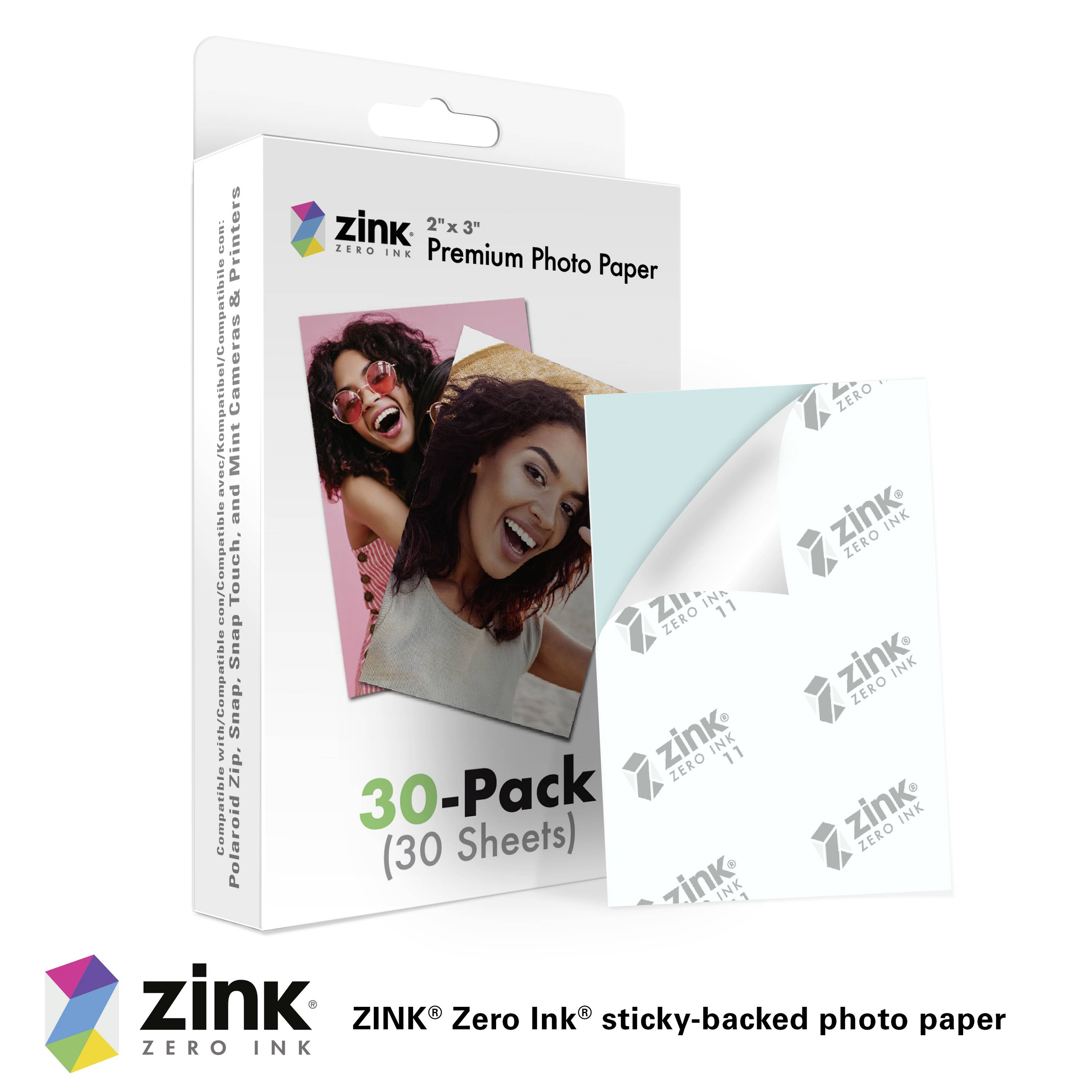 Verpackung von ZINK Zero Ink Premium-Fotopapier mit 30 selbstklebenden Blättern im Format 2"x3" für farbenfrohe Sofortfotos.