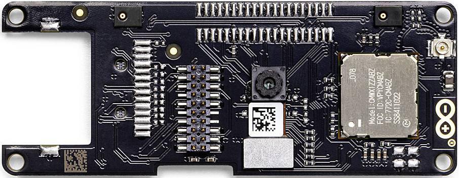 Leiterplatte mit elektrischen Schaltkreisen, einer eingebauten Kamera und einem QR-Code. Sie hat Anschlüsse an den Ecken.