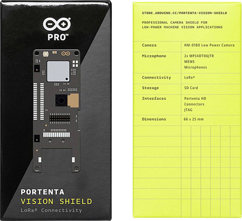 'Portenta Vision Shield' Verpackung neben einem gelben Infozettel mit Kameratyp, Mikrofon, Konnektivität, Speicher, Schnittstellen, Abmessungen.