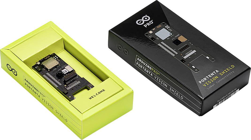 'Portenta Vision Shield'-Verpackung, zeigt eine mitgelieferte Platine in einer gelben Box. Aufschrift auf Box: 'Arduino Pro'.