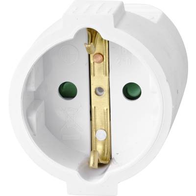 Abbildung eines weißen Steckdosenadapters mit zentraler Messingführung und zwei grünen Öffnungen für Erdung.