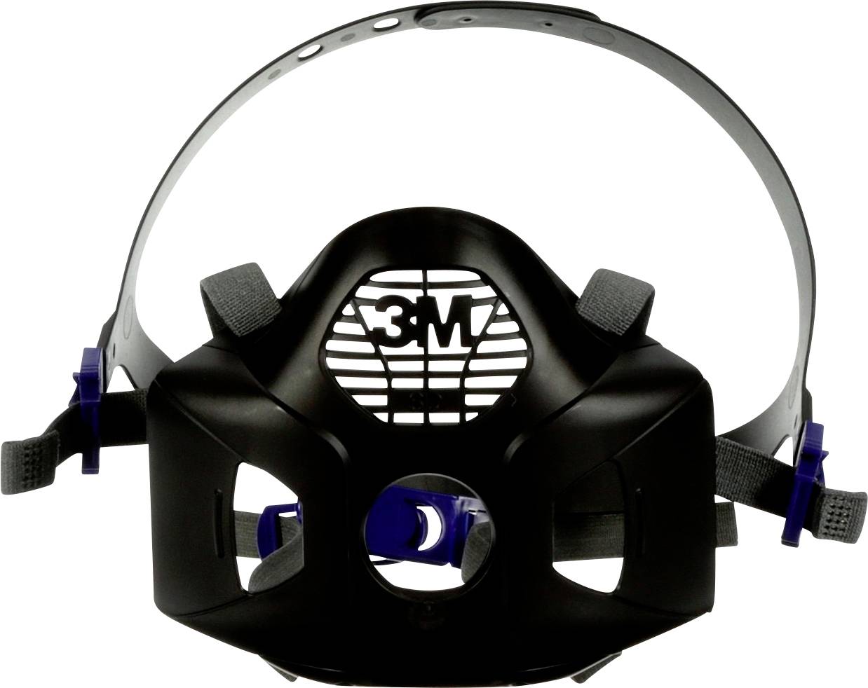 Schwarze Atemschutzmaske mit grauem Kopfband und blauen Clips. zentrale runde Öffnung für Filter. Markenlogo oben in der Mitte.