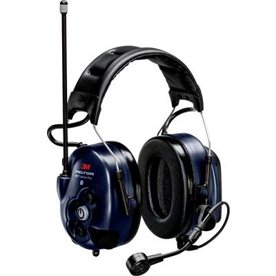 Ein dunkelblauer Gehörschutz mit eingebautem Mikrofon und Antenne, geeignet für laute Umgebungen, bietet Kommunikationsmöglichkeiten.