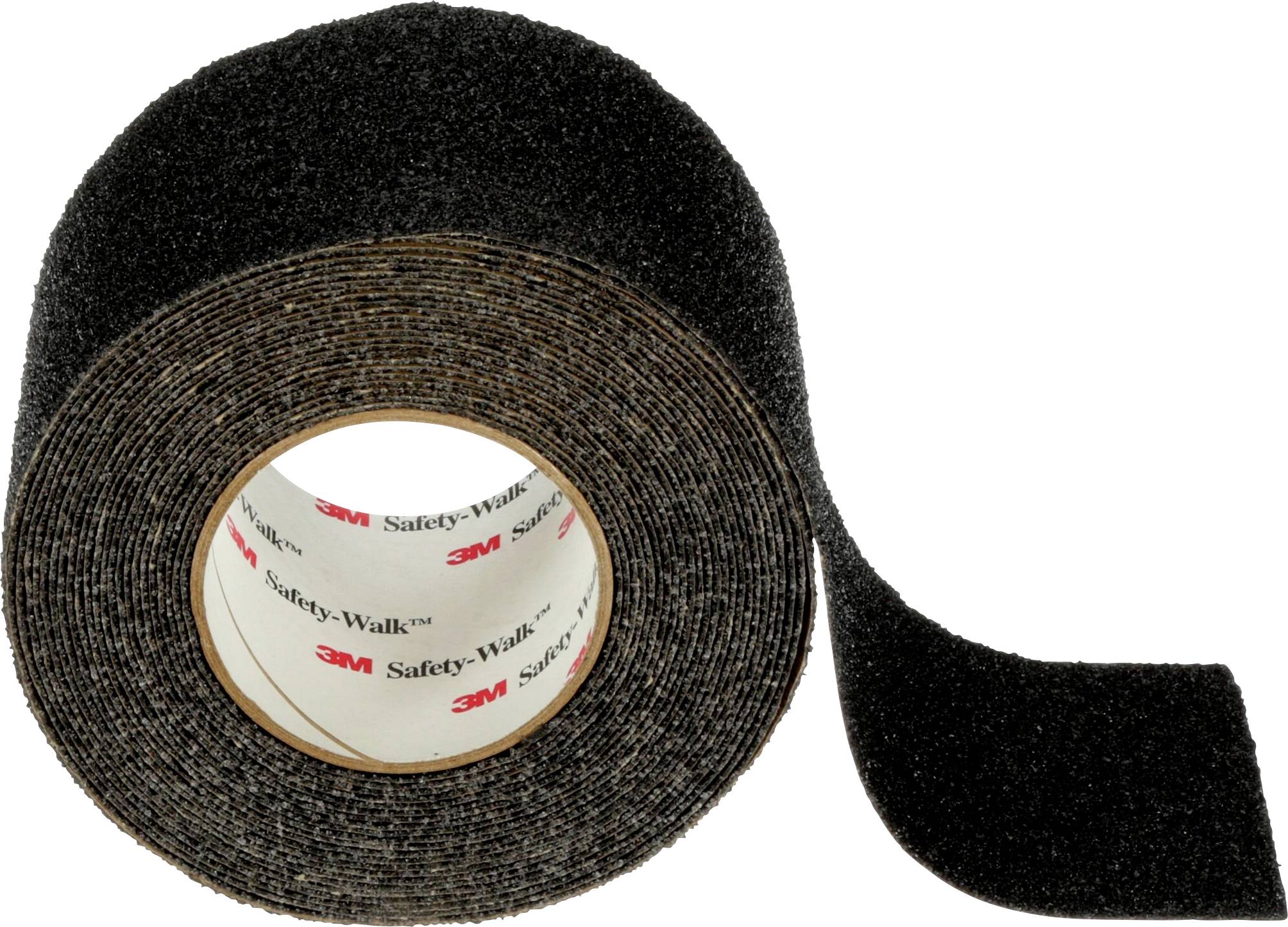 Schwarzes Anti-Rutsch-Klebeband auf Rolle. Im Hintergrund ist die Innenrolle sichtbar, bedruckt mit '3M Safety-Walk'.