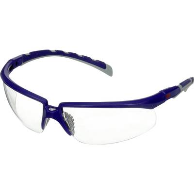 Schutzbrille mit blauem Rahmen und klaren Gläsern, geeignet für Sicherheitsanwendungen, um die Augen vor Partikeln zu schützen.