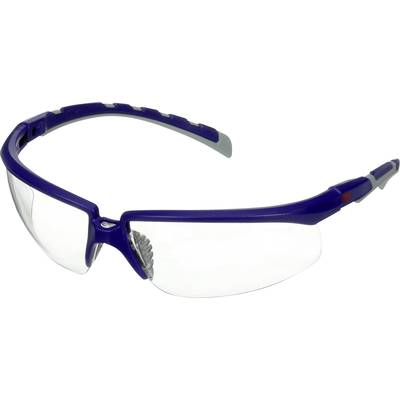 Schutzbrille mit blauen Bügeln und transparenten Gläsern, geeignet für Augenschutz bei handwerklichen Arbeiten oder Laboraktivitäten.