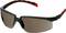 Sonnenbrille mit grauen Gläsern und schwarz-rotem Rahmen.