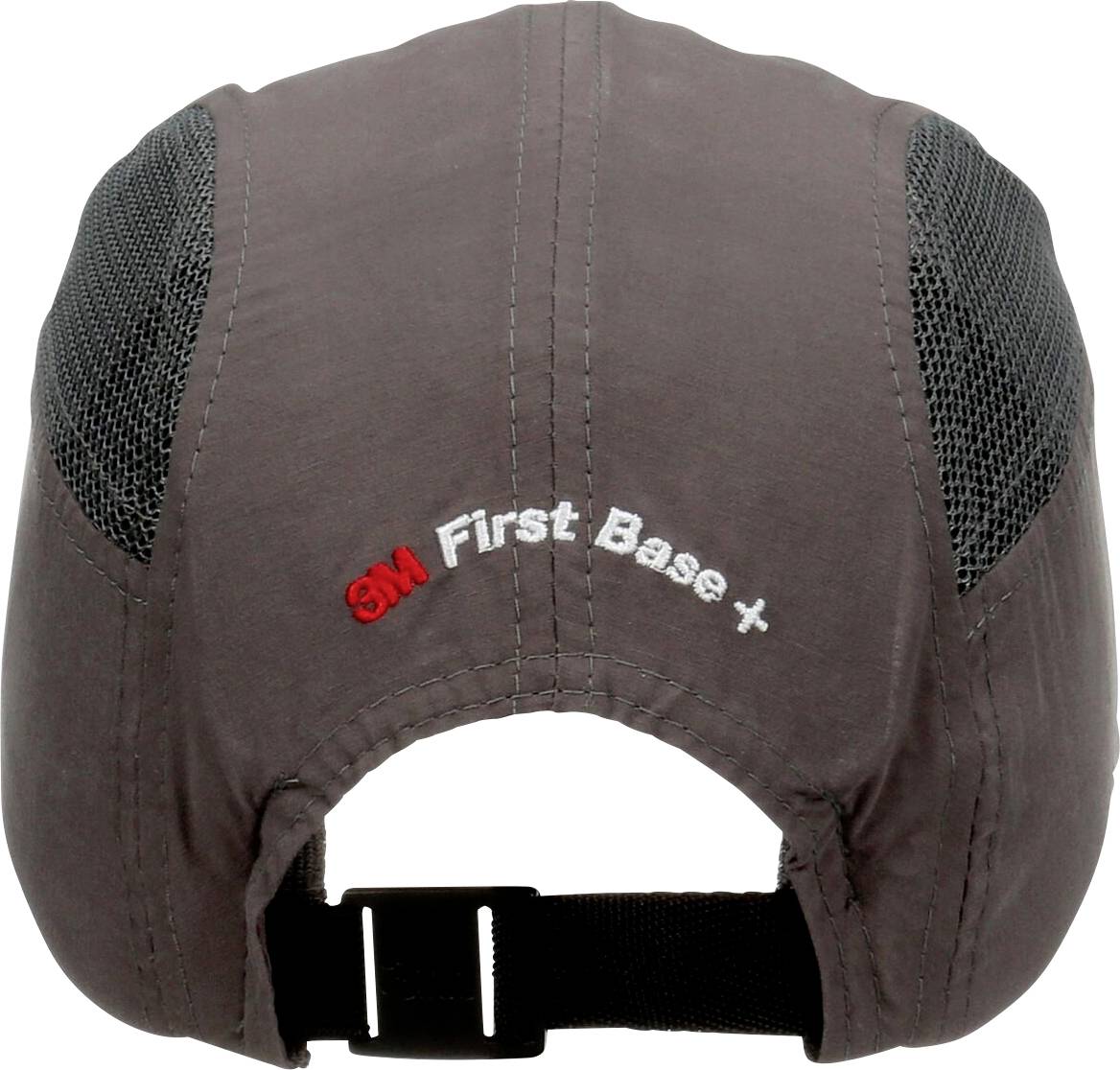 Schutzkappe aus grauem Stoff mit schwarzem Netz und verstellbarem Riemen, Aufschrift '3M First Base +' in der Mitte.