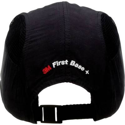 Schwarze Kappe von hinten gezeigt mit einem verstellbaren Verschluss. Auf der Rückseite gestickt steht '3M First Base +'.