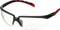 Schutzbrille mit transparenten Gläsern und schwarz-rotem Rahmen.