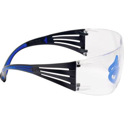 Schutzbrille mit klaren Gläsern, schwarzer und blauer Kunststoffrahmen. Geeignet für Sicherheit und Schutz der Augen.