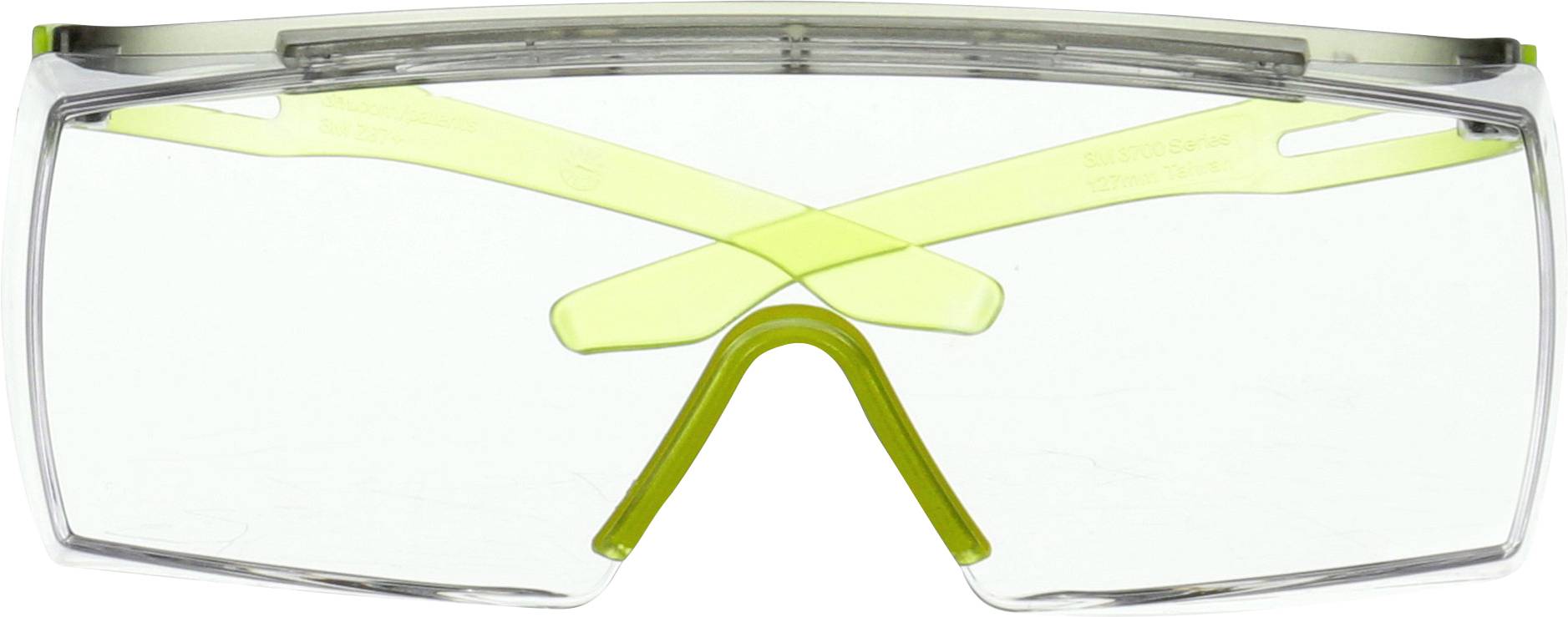 Eine transparente Schutzbrille mit gelb getönten Bügeln und Rahmen, geeignet zum Schutz der Augen bei Arbeiten oder Sportaktivitäten.