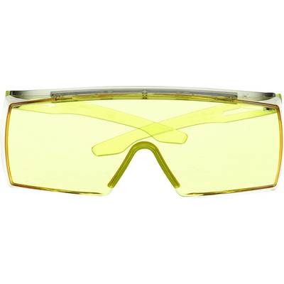 Eine gelbe Schutzbrille mit klaren Rahmen und breiten Bügeln.