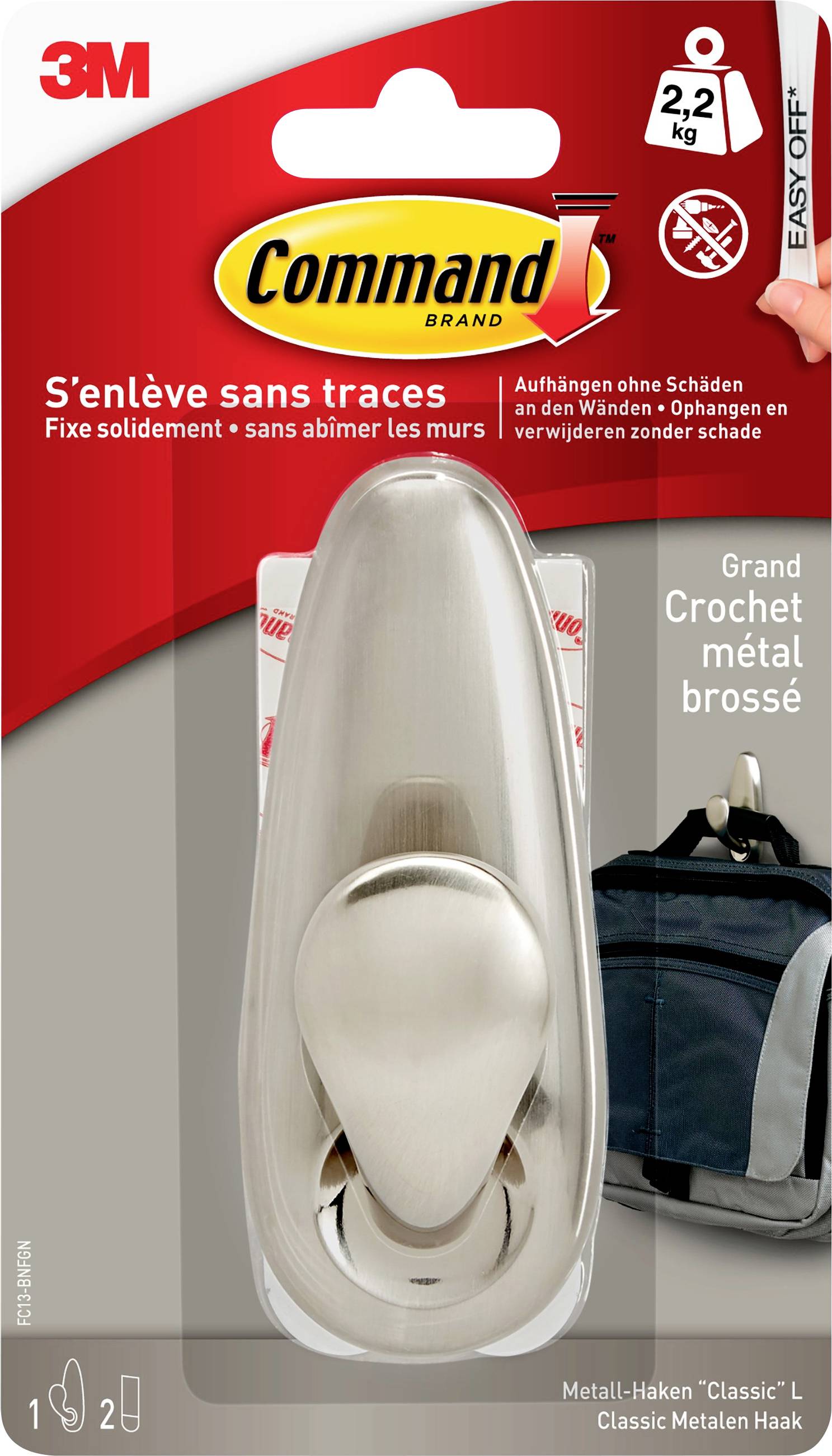 'Command Brand' Metall-Haken, belastbar bis 2,2 kg, geeignet zum beschädigungsfreien Aufhängen. Verpackung zeigt Haken und Tasche.