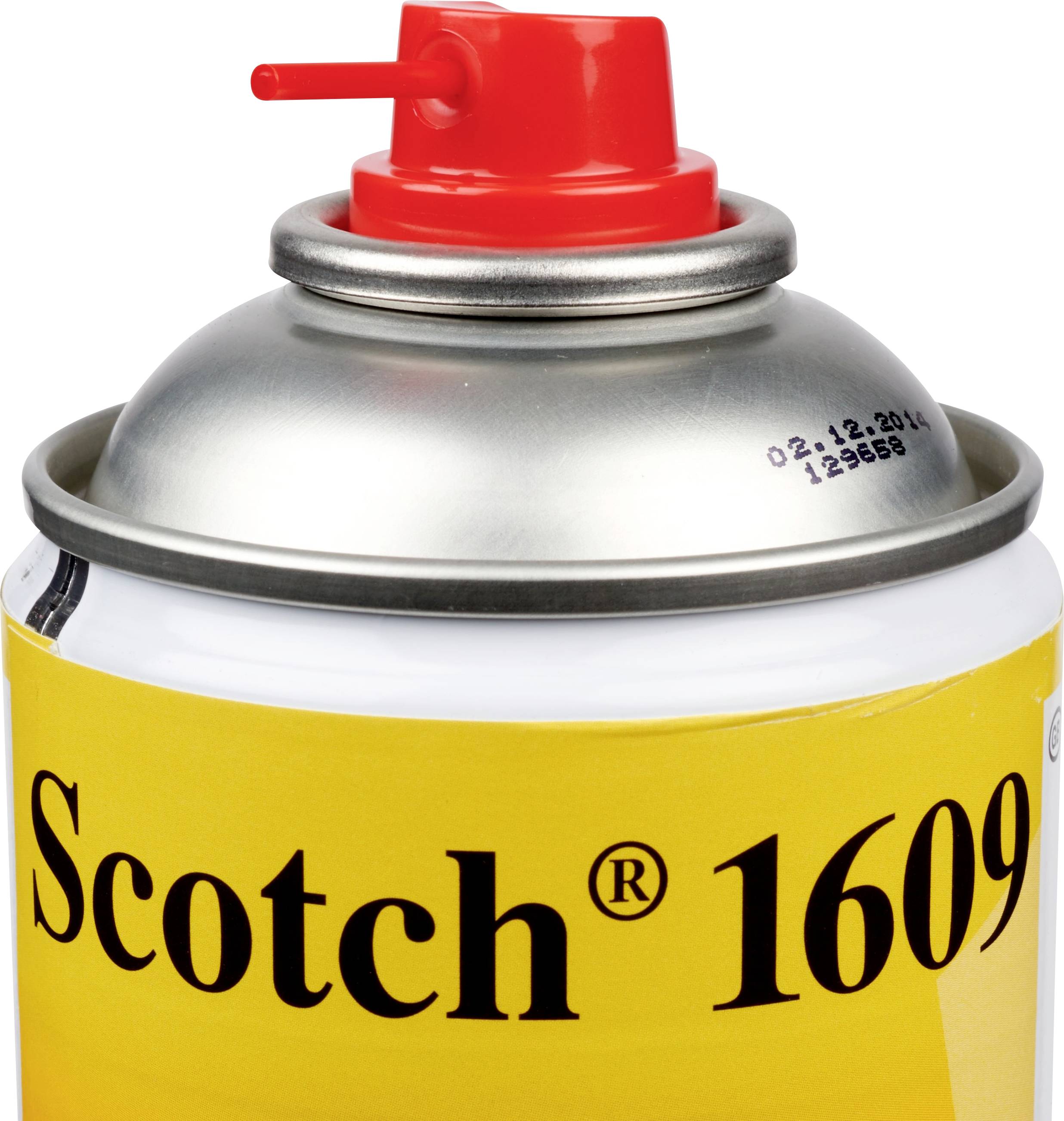 Eine gelbe Spraydose mit rotem Sprühkopf und der Aufschrift 'Scotch 1609'.