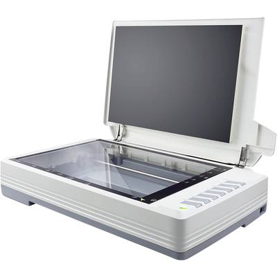 Scanner mit geöffnetem Deckel, bereit für Dokumenten- oder Bilddigitalisierungen.