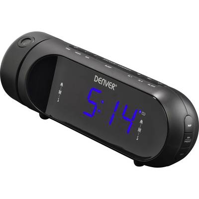 Digitaler Radiowecker in Schwarz mit blauer LED-Anzeige zeigt die Uhrzeit '5:14'.