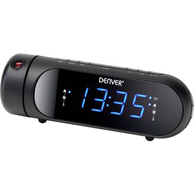 Schwarzer digitaler Wecker mit blauer LED-Anzeige zeigt '13:35'. Oben befinden sich Tasten für verschiedene Funktionen.