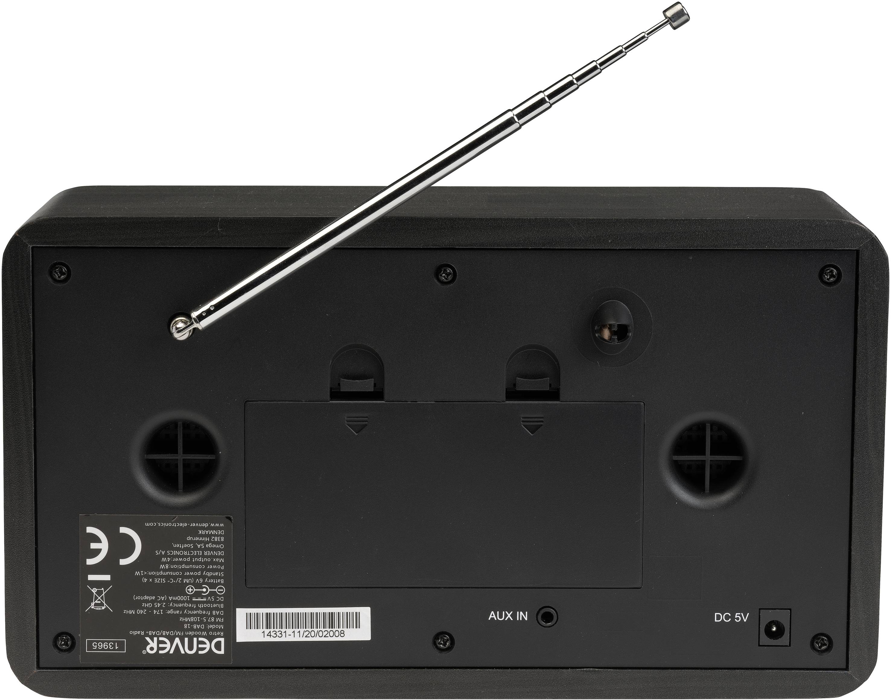 Ein schwarzes Radio von hinten mit ausgezogener Antenne. Sichtbare Anschlüsse und Beschriftungen weisen auf 'AUX IN' und 'DC 5V' hin.