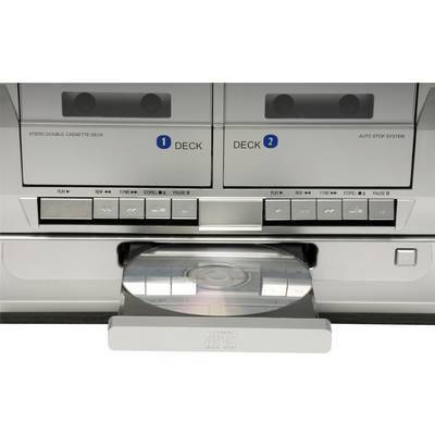 Ein Stereo-Doppel-Kassettendeck mit offener CD-Schublade in der Mitte zeigt zwei Kassettenfächer mit Bedienelementen darunter.