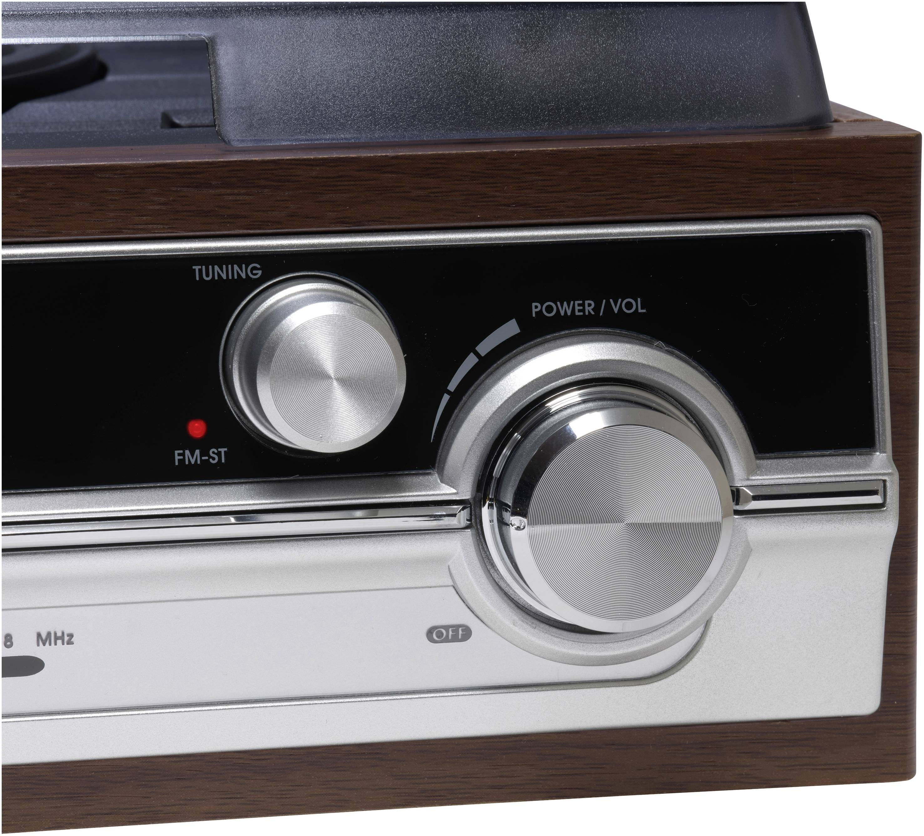 Radio-Frontplatte mit Drehknöpfen für 'Tuning' und 'Power/Vol', einer kleinen Anzeige und hölzerner Verkleidung.