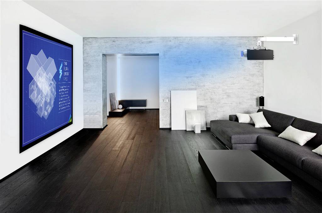 Hell eingerichtetes Wohnzimmer mit modernem Sofa, großem Flachbildschirm an der Wand und minimalistischem Dekor.