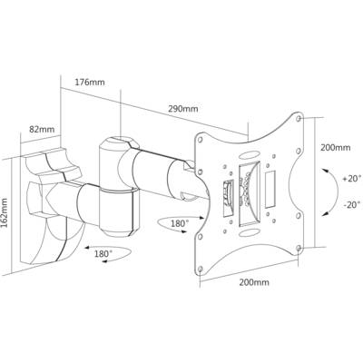 Wandhalterung für Bildschirme mit verstellbarem Arm. Abmessungen: 176mm, 290mm Länge; -20° bis +20° Neigung; 180° Drehung.