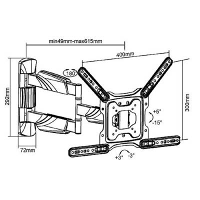 Diagramm einer Wandhalterung für einen Bildschirm mit Maßen: min 49 mm bis max 615 mm, 400 mm Breite, 300 mm Höhe. Schwenkwinkel 180°, Neigung -15° bis +5°, Drehung -3° bis +3°.