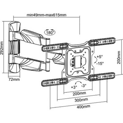 'Diagramm einer TV-Wandhalterung mit Schwenkarm. Maße: 292mm Höhe, 72mm Tiefe. Schwenkbar 180°, Neigung +5° bis -15°, Rotation ±3°.'