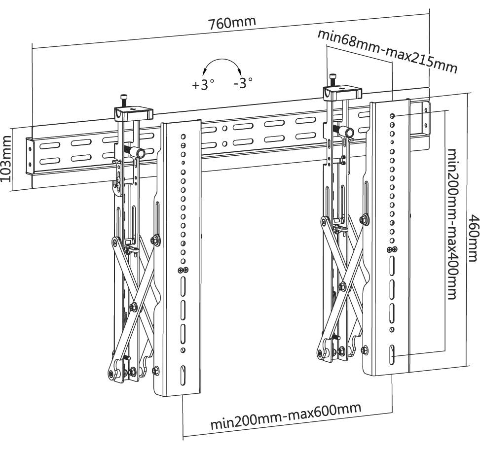 Technische Zeichnung einer verstellbaren TV-Wandhalterung mit Maßen. Zeigt Neigungswinkel von ±3°, Breite 760 mm, Höhen- und Tiefeneinstellung.
