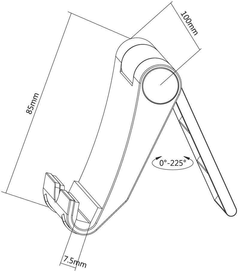 Tragbarer Handyhalter mit verstellbarem Winkel von 0° bis 225°. Maße: 85 mm hoch, 100 mm tief, 7,5 mm breit.