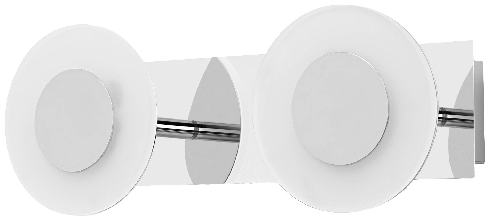 Moderne Wandleuchte mit zwei runden, weißen Glaselementen und zentralen Kreisspiegeln, minimalistisches Design.