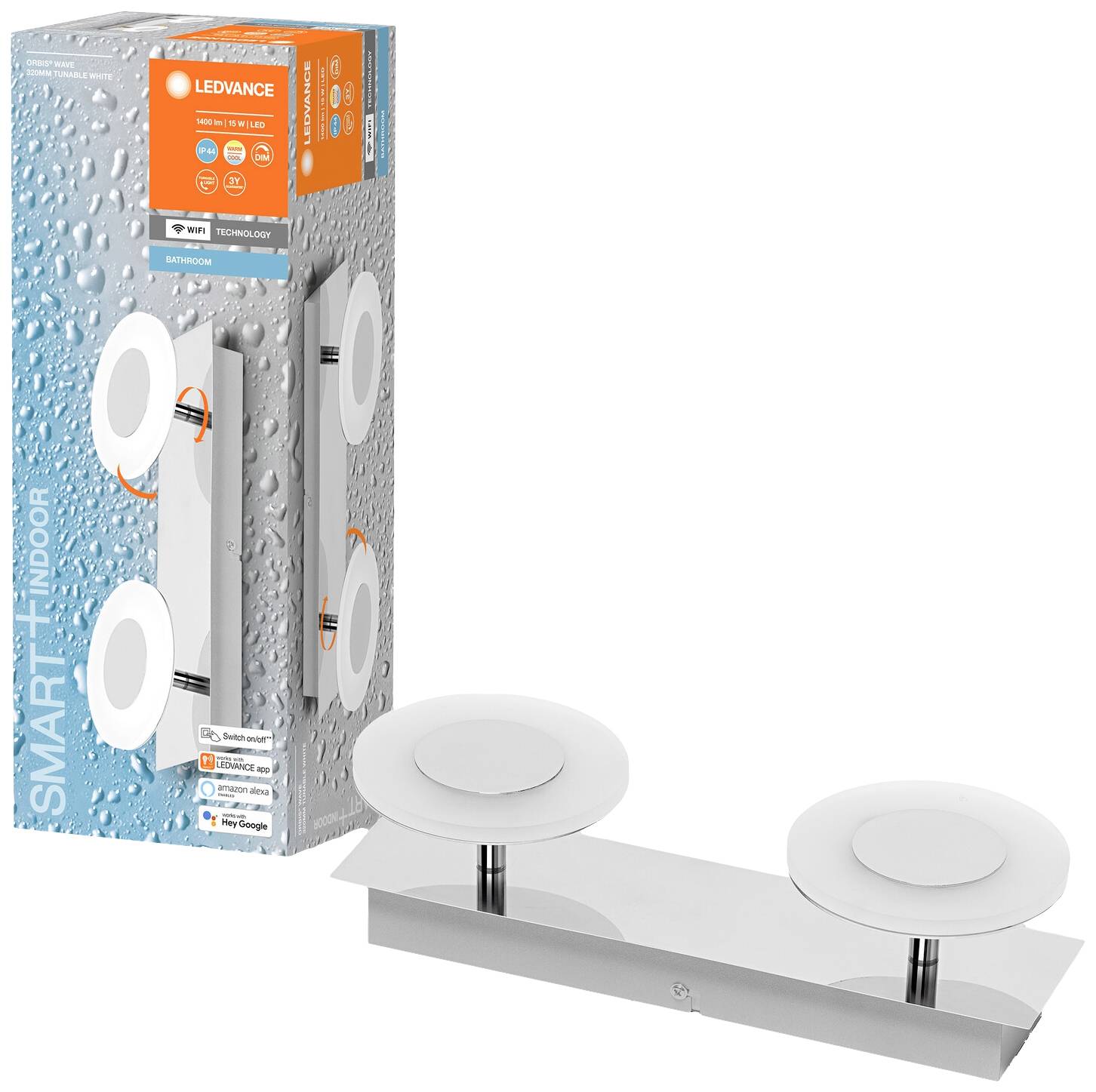 LED-Wandleuchte mit zylindrischen Leuchten auf einer rechteckigen Basis, abgebildet neben ihrer Verpackung mit Produktinformationen.