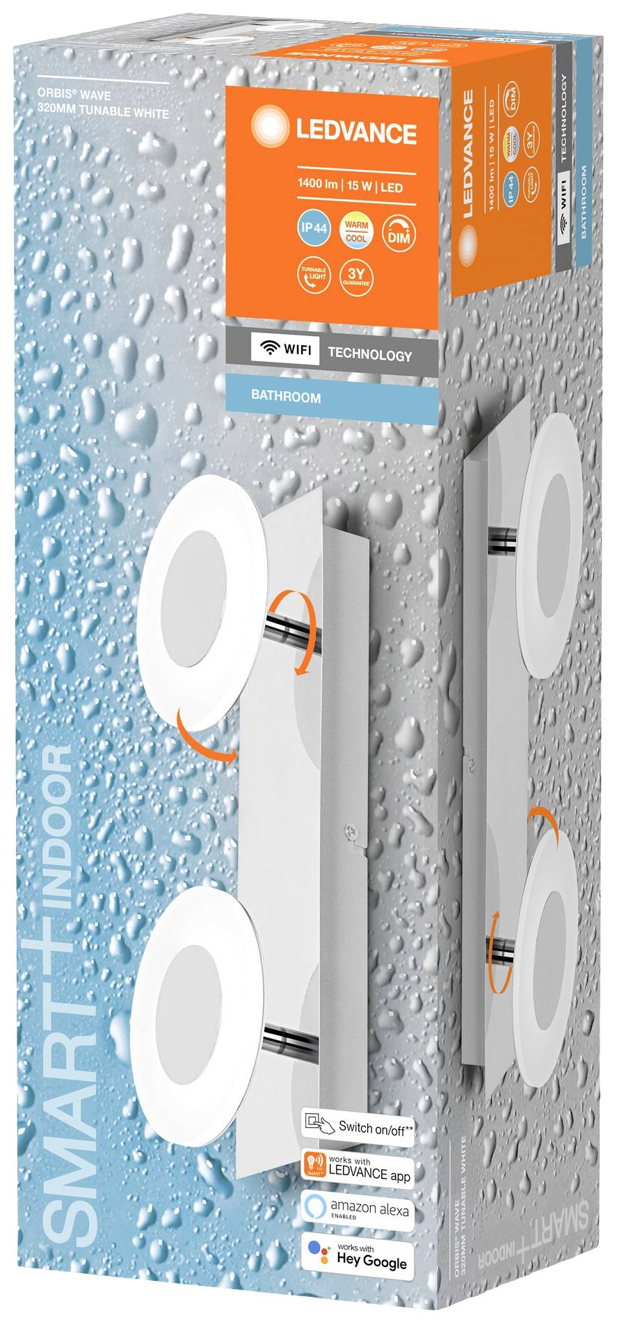 Verpackung einer LED-Leuchte mit zwei runden Lampen, geeignet für Badezimmer. Kompatibel mit WLAN, App-Steuerung und Sprachassistenten.