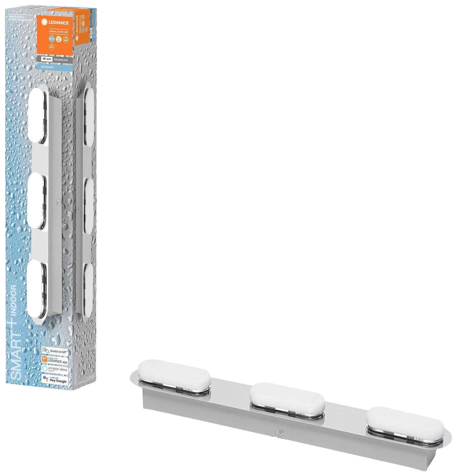 LED-Leuchte in moderner, rechteckiger Form mit drei weißen Lichtern auf einer grauen Platte. Verpackung zeigt Produkt in Badezimmerumgebung.