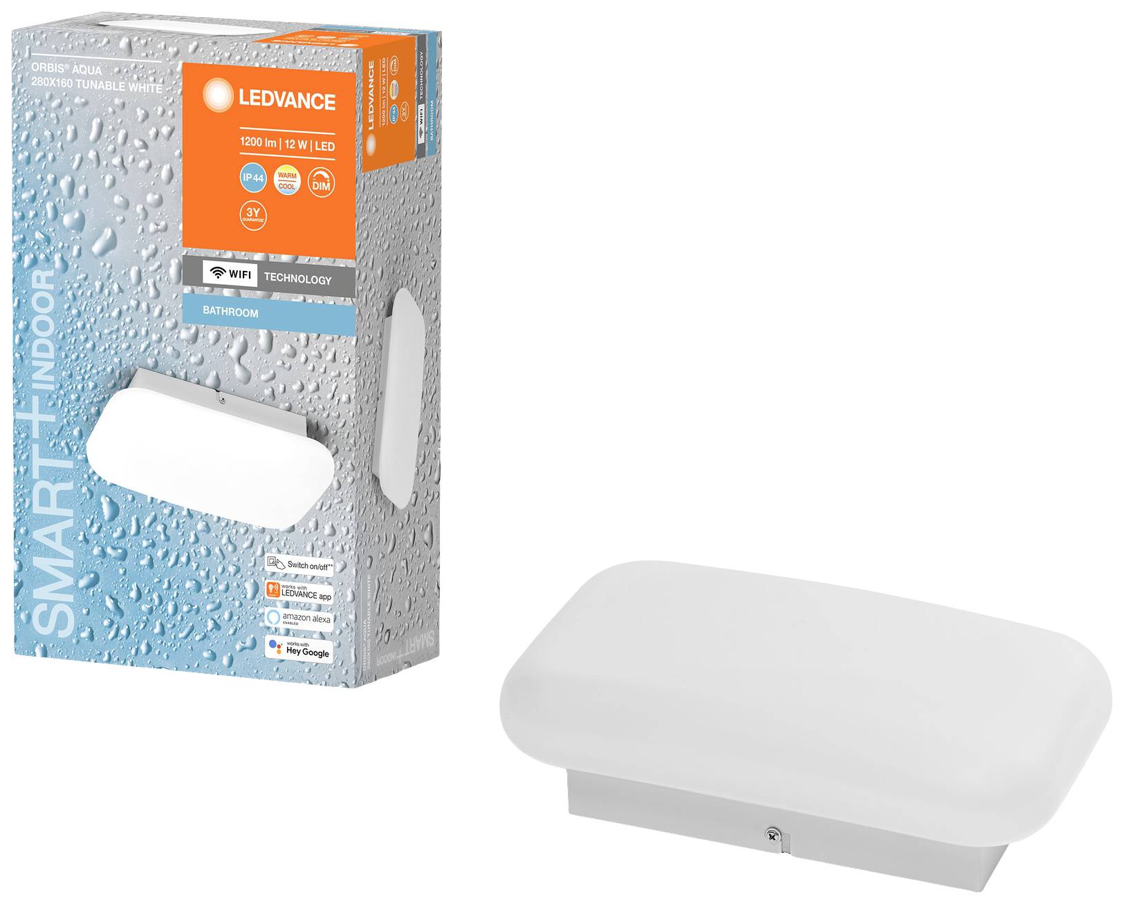 LED-Deckenleuchte in rechteckiger Form neben Produktverpackung mit der Aufschrift 'SMART+ Indoor', geeignet für Badezimmer.
