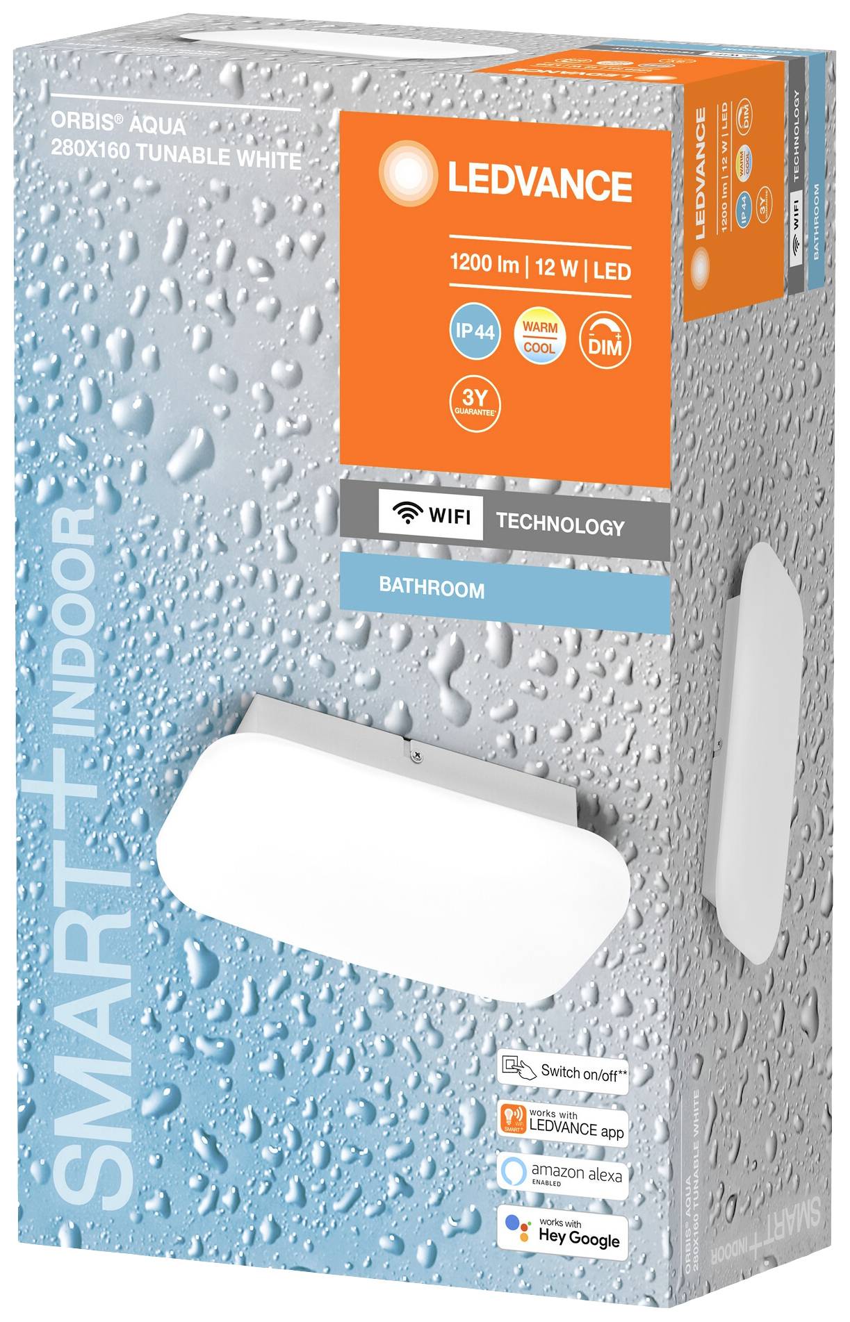 Verpackung einer LED-Leuchte für Badezimmer, enthält Markenlogo, Leuchtkraft von 1200 lm, 12 W, dimmbar, mit WiFi-Technologie.