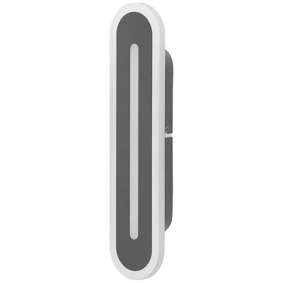 Langes, ovales, graues und weißes LED-Licht an der Wand, vertikal ausgerichtet, modern und minimalistisch im Design.