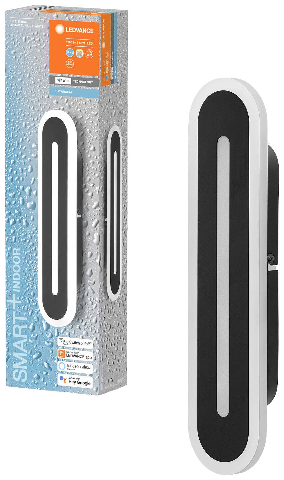 Wandleuchte in modernem Design, vertikal eingerahmt, mit LED-Technologie. Verpackung zeigt Produktbild, Markenlogo und Kompatibilitätshinweise.